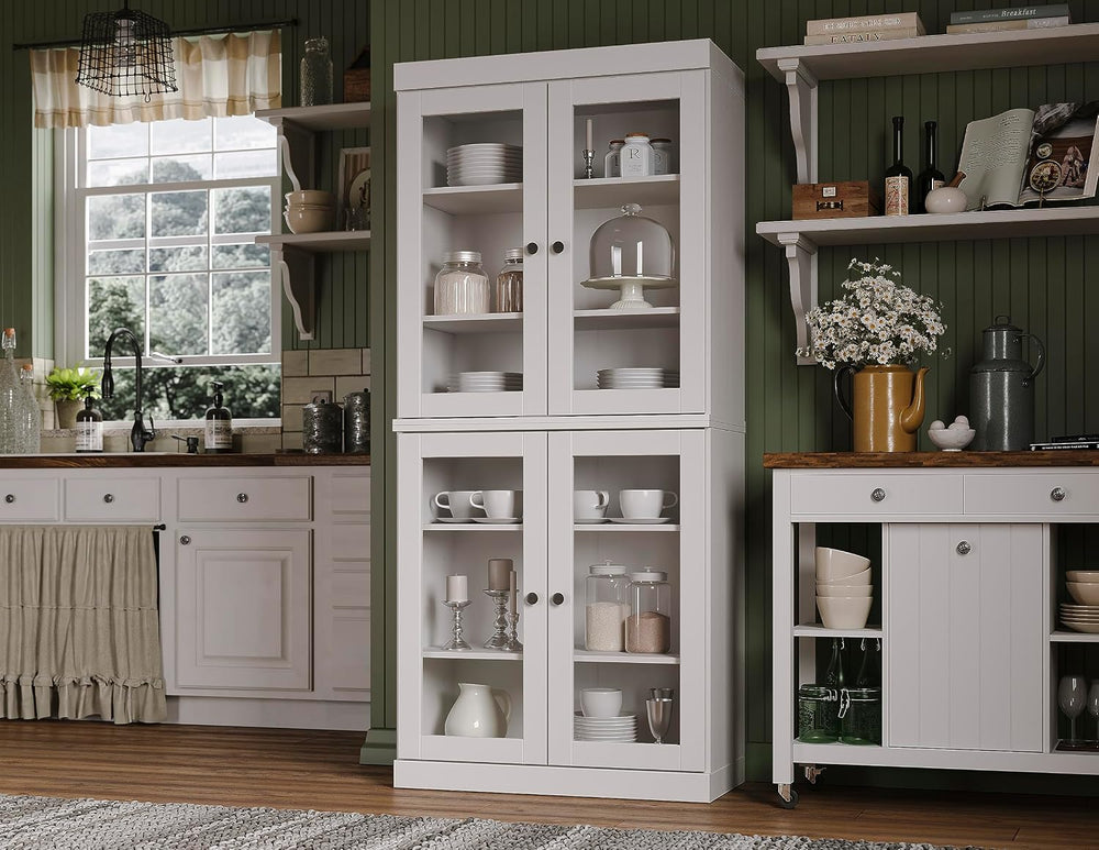 Palace Imports 100% Solid Wood Kitchen Pantry w/ 4 Glass Doors, White, 32&quo...