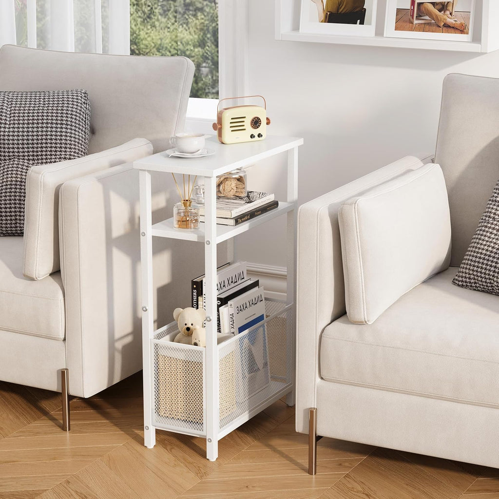 MMEOLUOOK Narrow Side Table with Storage Basket Skinny End Tables for Smalls Spaces 3 Tier Sofa Table Small Nightstand Slim Bedside Table for Living Room Bedroom White MLBZ22W