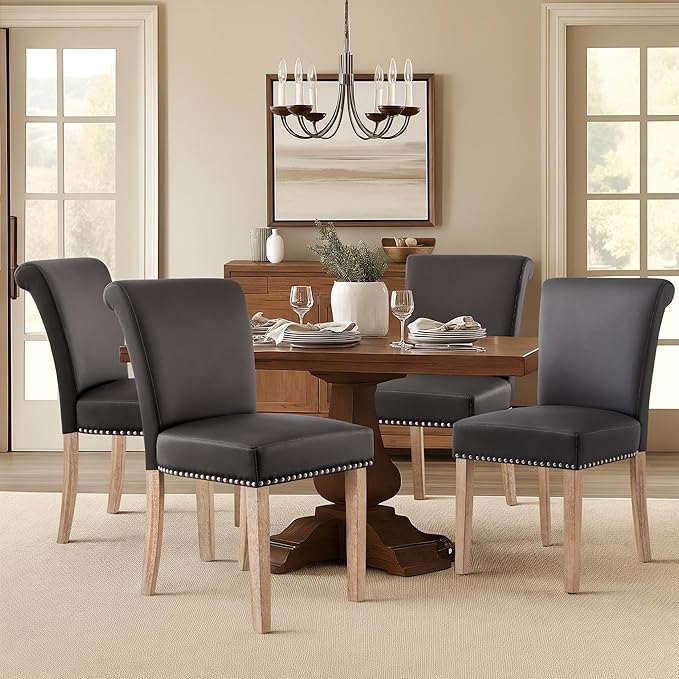 CHUN YI Dining Chairs Set of 4, Faux Leather Upholstered Dining Room Chairs with Nailhead Trim and Wood Legs, Mid Century Modern Parsons Side Chairs for Kitchen, Grey