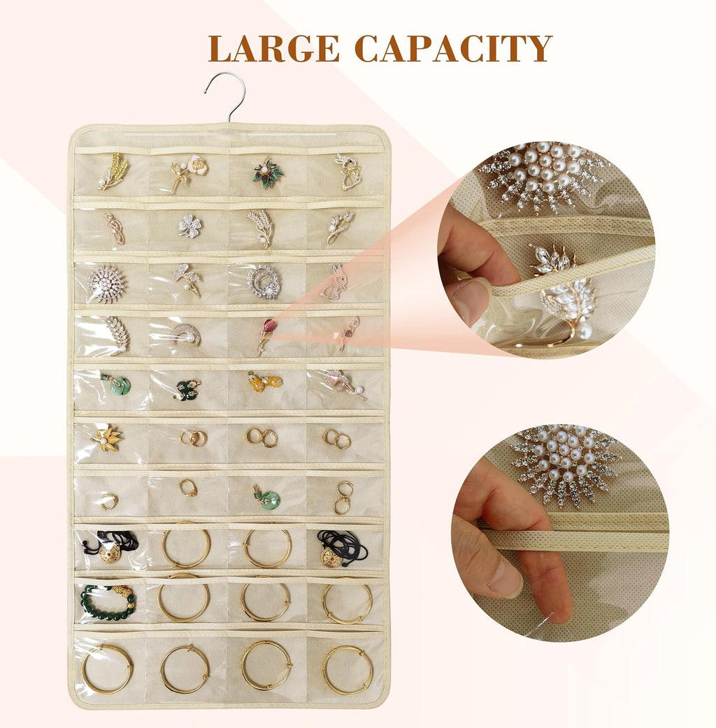 80 Pocket Hanging Jewelry Organizer with Hanger Metal Hooks Storage On Wall Door Closet Double-Sided(Each Side 40 Pockets) Jewelry Holder for Earrings, Necklaces, Rings (4 PACK BEIGE)