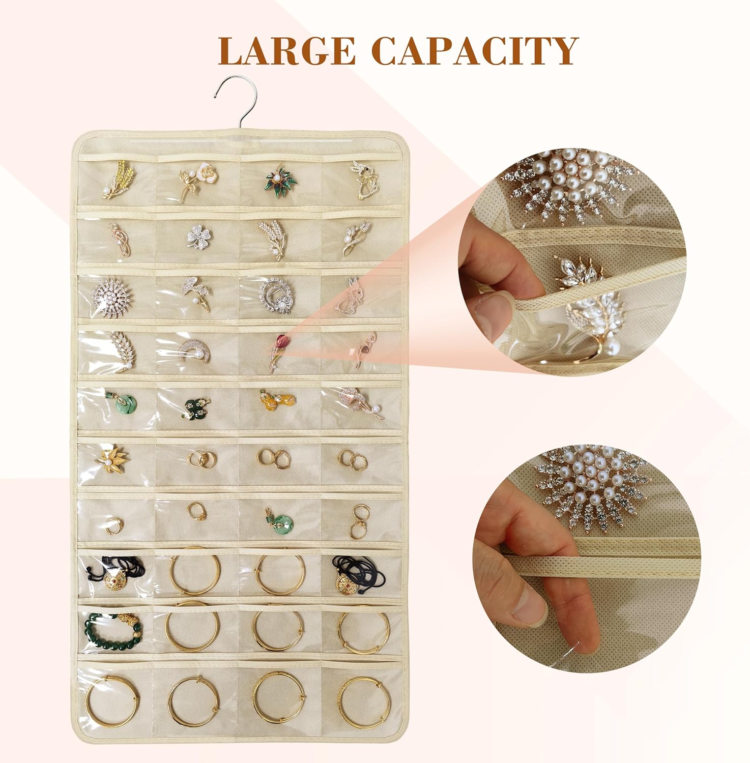 80 Pocket Hanging Jewelry Organizer with Hanger Metal Hooks Storage On Wall Door Closet Double-Sided(Each Side 40 Pockets) Jewelry Holder for Earrings, Necklaces, Rings (4 PACK BEIGE)
