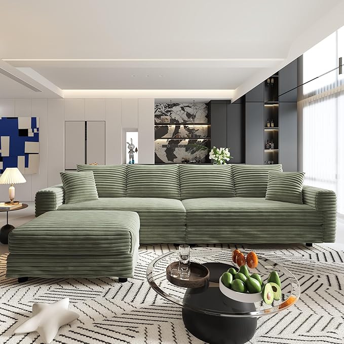 KEIKI 102.4" Sectional Couches, Modern Comfy Upholstered Sofa Cloud Couch, Deep Seat 4 Seat Sofa Set with Soft Pillows and Movable Ottoman for Living Room, Apartment, Office, Green