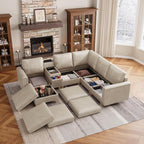 SITJOY 105" Faux Leather Modular Sectional Sofa with Storage, Mid Century Modern Sectional Couches for Living Room, 6 Seat V Shaped Couch with Ottoman and Console Table, Hidden Cupholders, Greige