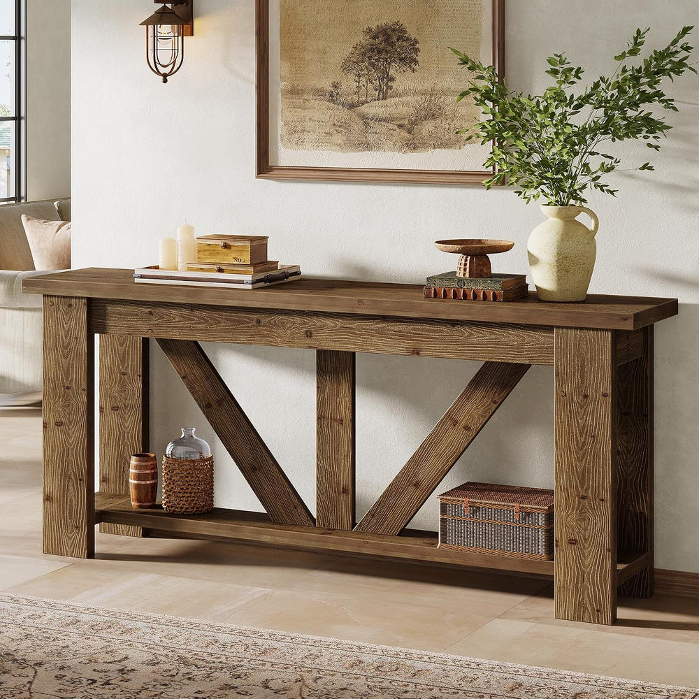 Solid Wood Sofa Table, 70.9 Inches Extra Long Console Table with 2 Tiers Stor...