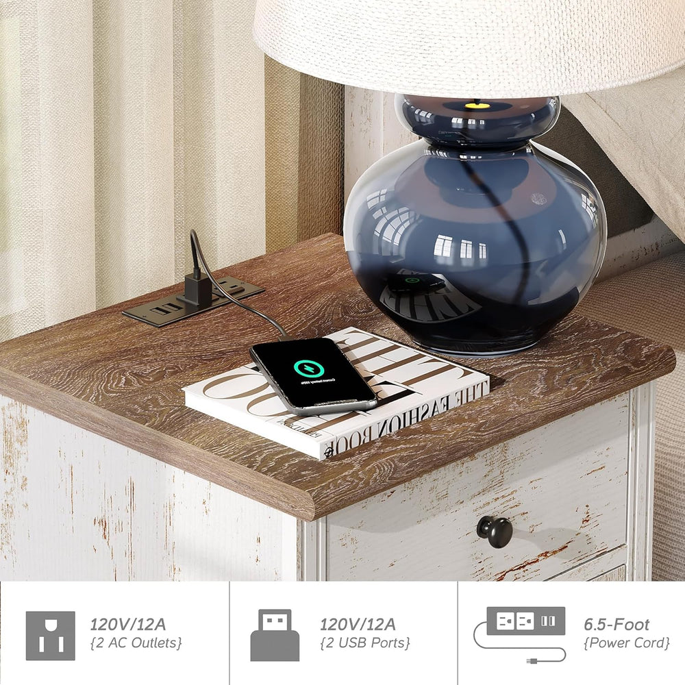 WAMPAT Set of 2 End Table with Charging Station, Wood Nightstands with Drawer...