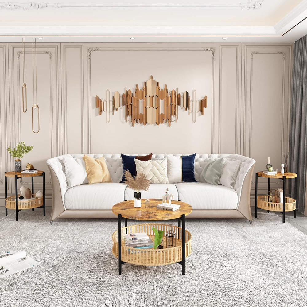 AWQM 3 Pieces Coffee Table Set for Living Room, 2 Tier Round Rattan Coffee En...