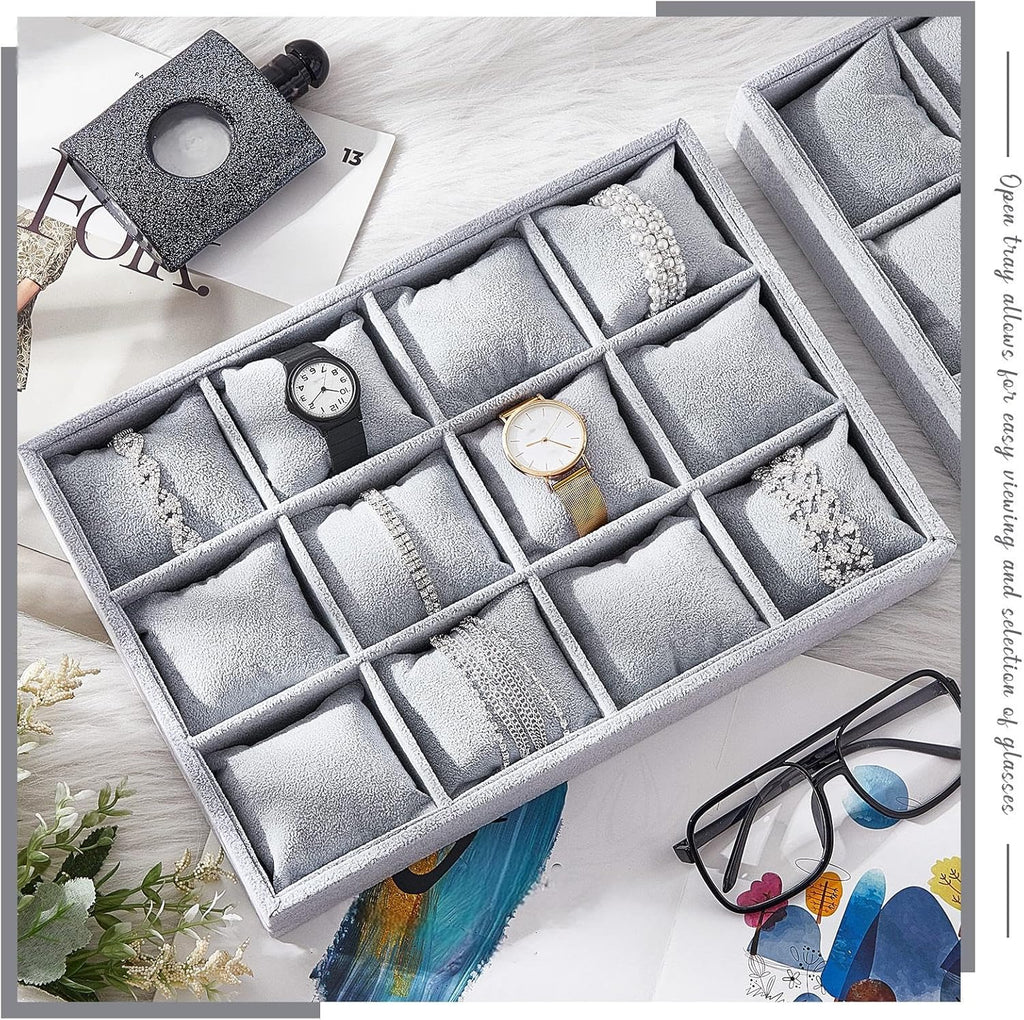 Henoyso 2 Pieces 12 Grid Velvet Watch Tray Jewelry Organizer Stackable Watch Bracelet Bangle Display Holder Adjustable Pillow (Gray)