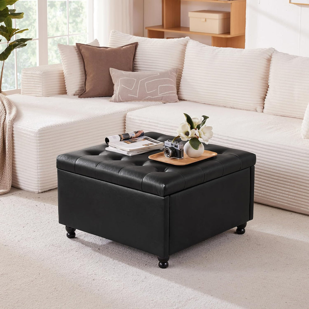 28" Large Square Ottoman with Storage, Leather Ottoman Coffee Table, Bla...