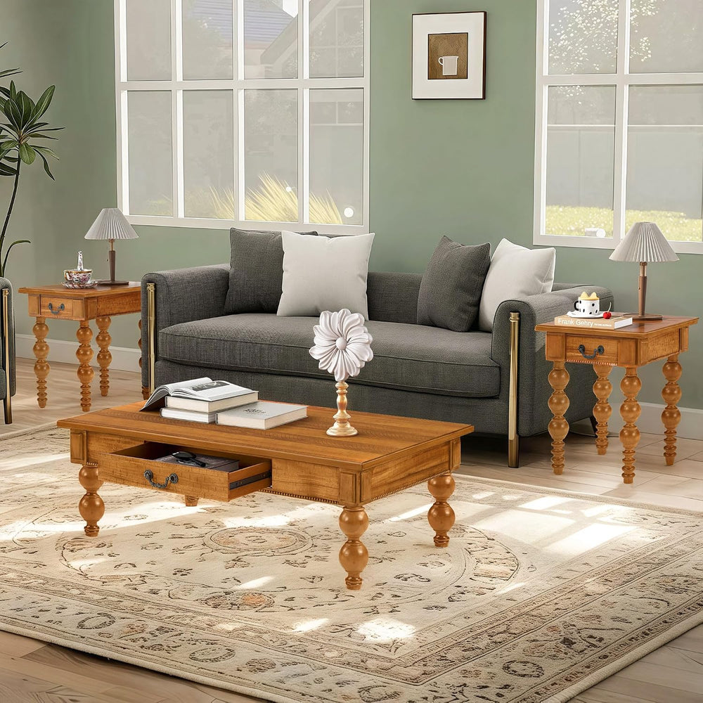 LKTART 3 Pieces Living Room Table Set, Wooden Vintage Coffee Table with 2 Nar...