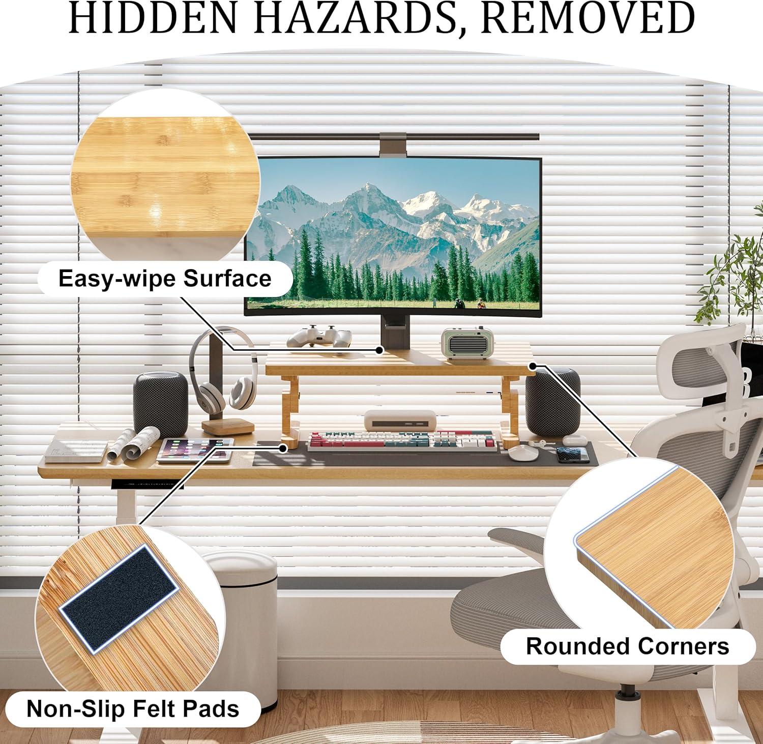 Bamboo Monitor Stand Riser for Desk, Height Adjustable Computer Riser & Laptop Stand, Ergonomic Desktop Organizer Shelf W/ Underneath Storage, Sturdy 100 lbs Capacity for Printer/TV/Home Office