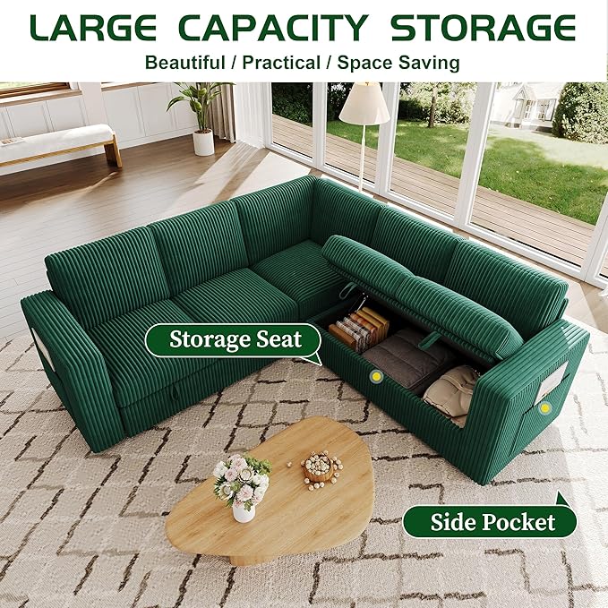 83.5" Sectional Sleeper Sofa with Pull Out Couch, Modern 5 Seat L Shaped Modular Couch,Green Sectionals Modular Sofa with Storage, Comfy Corduroy Couches Sectional for Living Room & Apartment