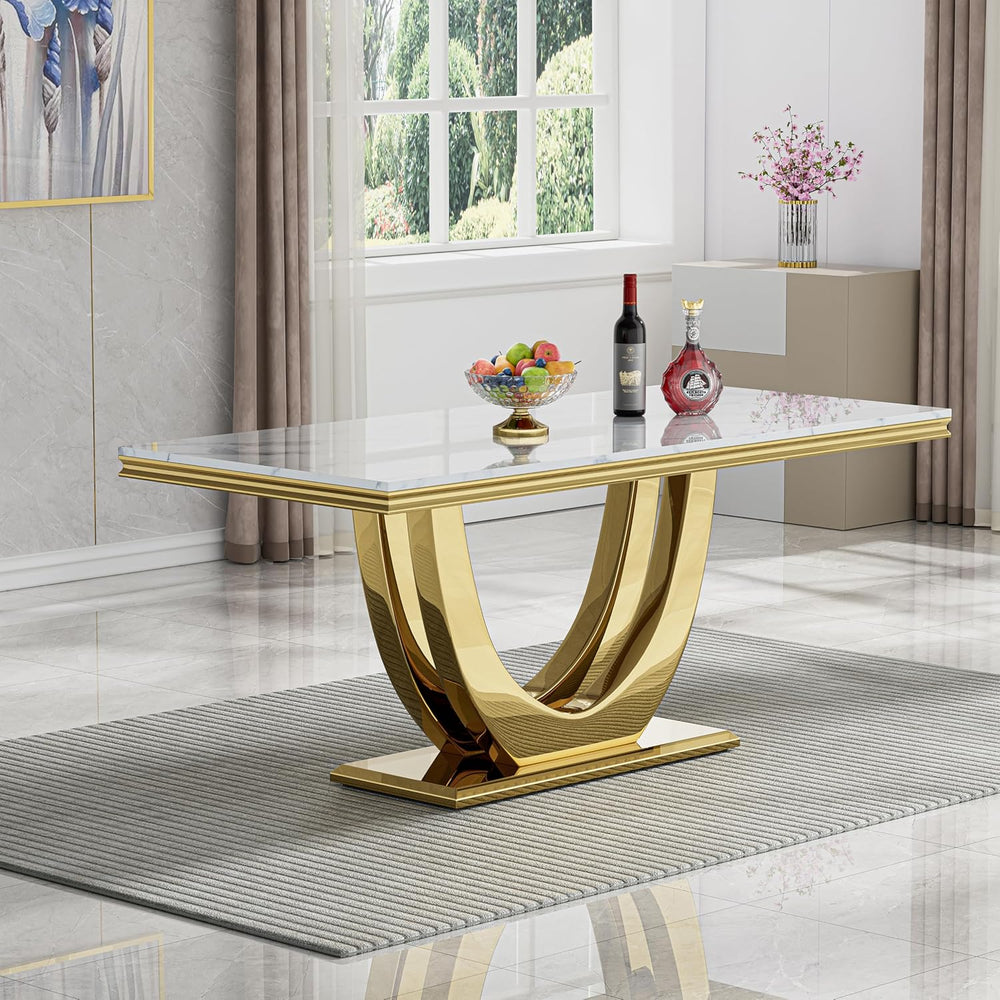 Modern Marble Dining Table Set for 6, White Dining Set with 68" Faux Mar...