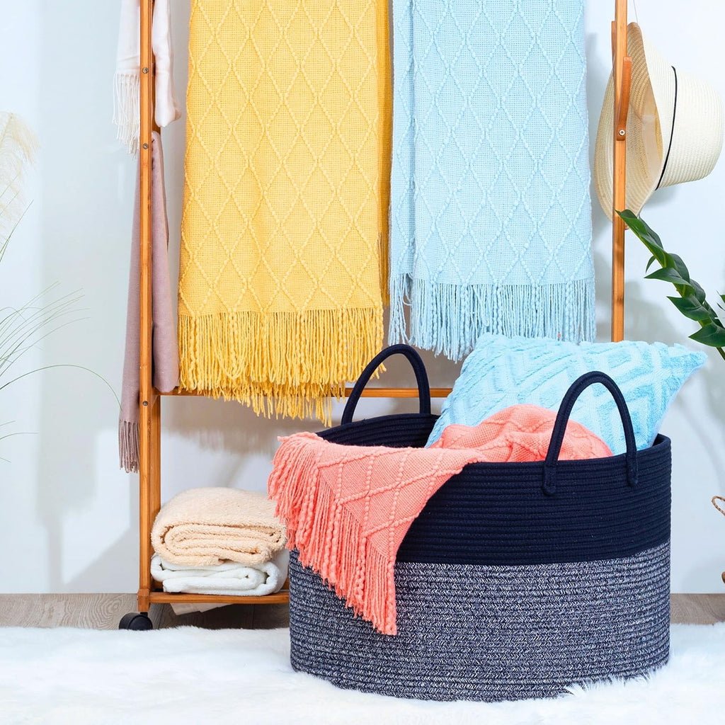 MINTWOOD Design Extra Large 22 x 14in Decorative Woven Cotton Rope Blanket Storage Basket Bin Living Room with Long Handles, Laundry Hamper for Pillows, Pool Towels, Dog Toys, Shoes, Navy Blue