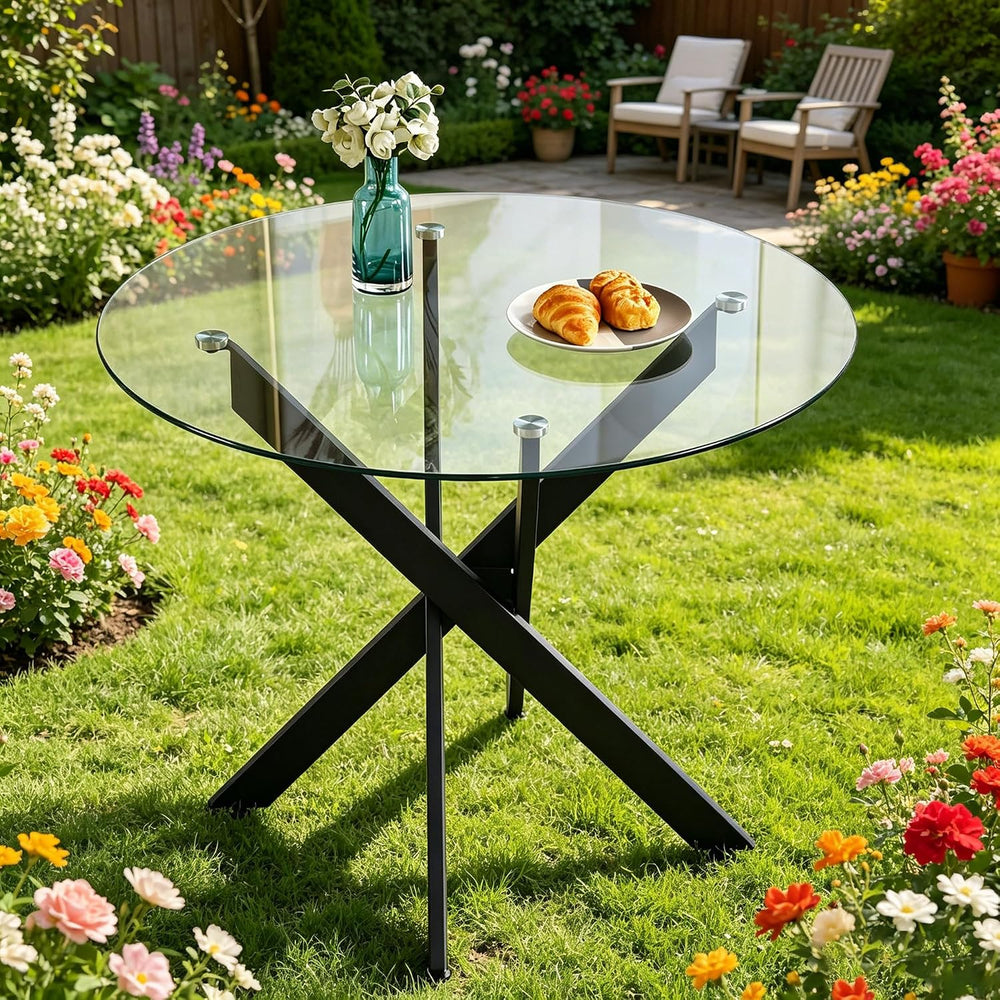 35.4" Round Glass Dining Table with Cross Metal Legs, Modern Small Kitch...