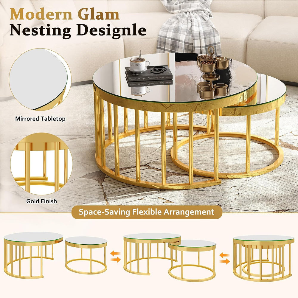 JIVOIT 2-Piece Round Nesting Coffee Table Set with Gold Metal Frame | Modern ...