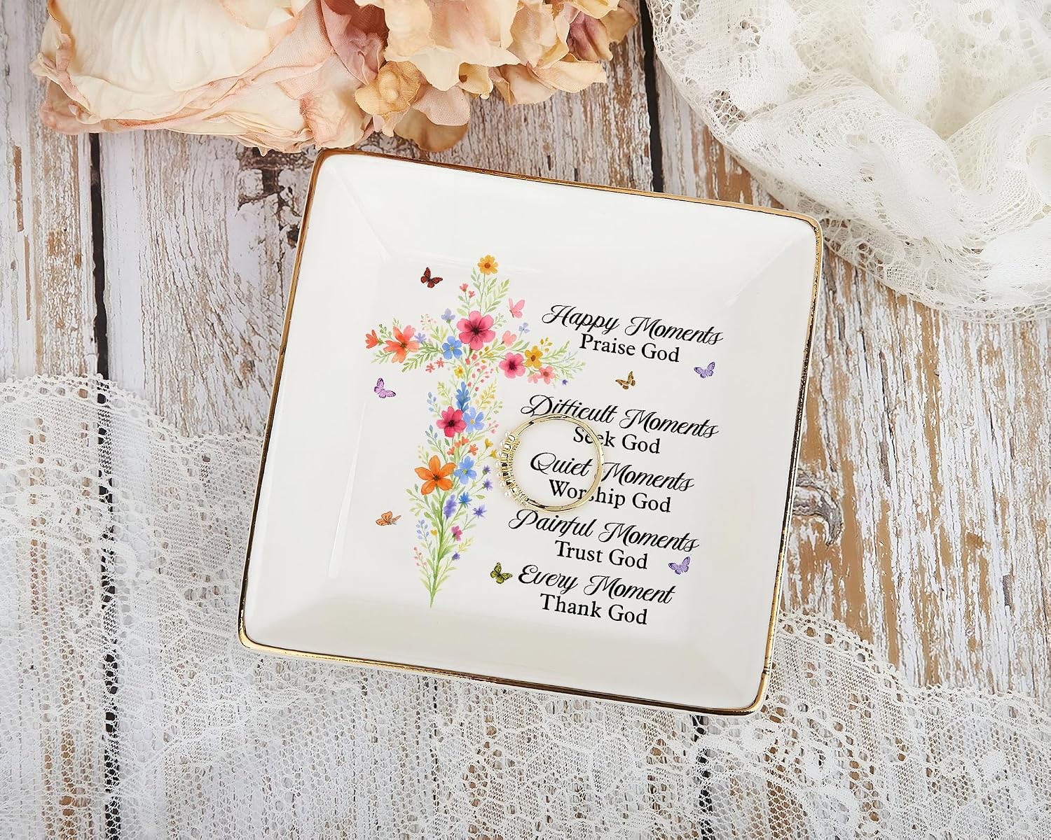 Christian Gifts for Women, Faith Inspirational Gifts - Floral Cross 4" Jewelry Dish, Religious Gift for Mom, Sister, Daughter, Friends - Catholic Bible Verse, Communion, Confirmation Gift for Her