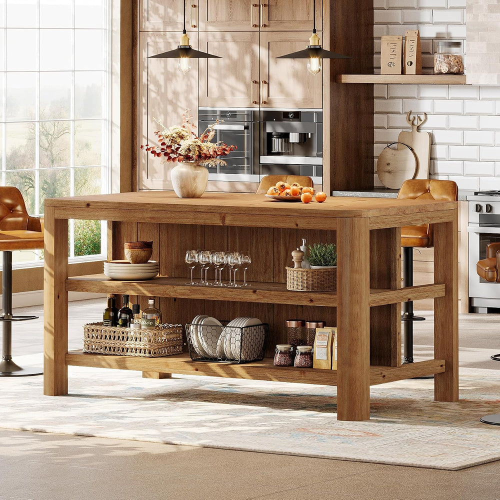 63" Solid Wood Kitchen Island with Storage Shelves, Easy Assembly | Farm...