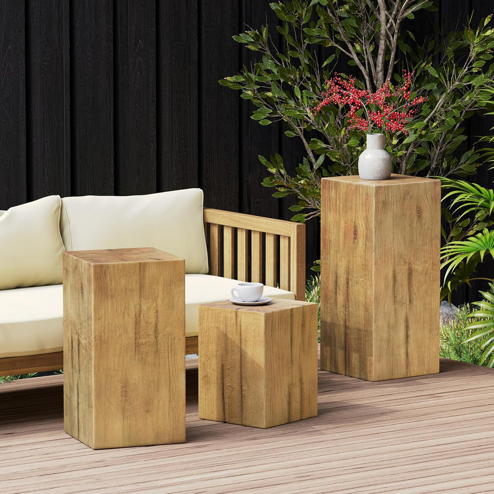 Retro Natural Style Side Table Set of 3,Stackable End Tables,Square-Column MG...