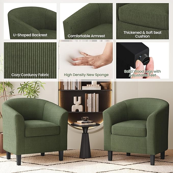Yaheetech Corduroy Barrel Chairs Set of 2, Upholstered Club Chairs Accent Chairs, Round Armchairs Waiting Room Chairs with Soft Cushion for Living Room Bedroom Reading Room, Dark Green
