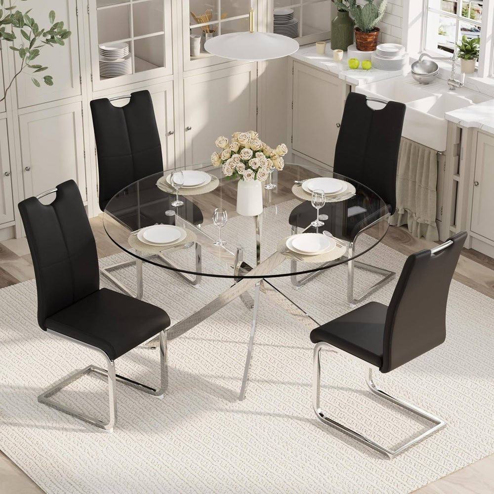 5-Piece Round Dining Table Set for 4, 47" Small Circle Tempered Glass Ki...