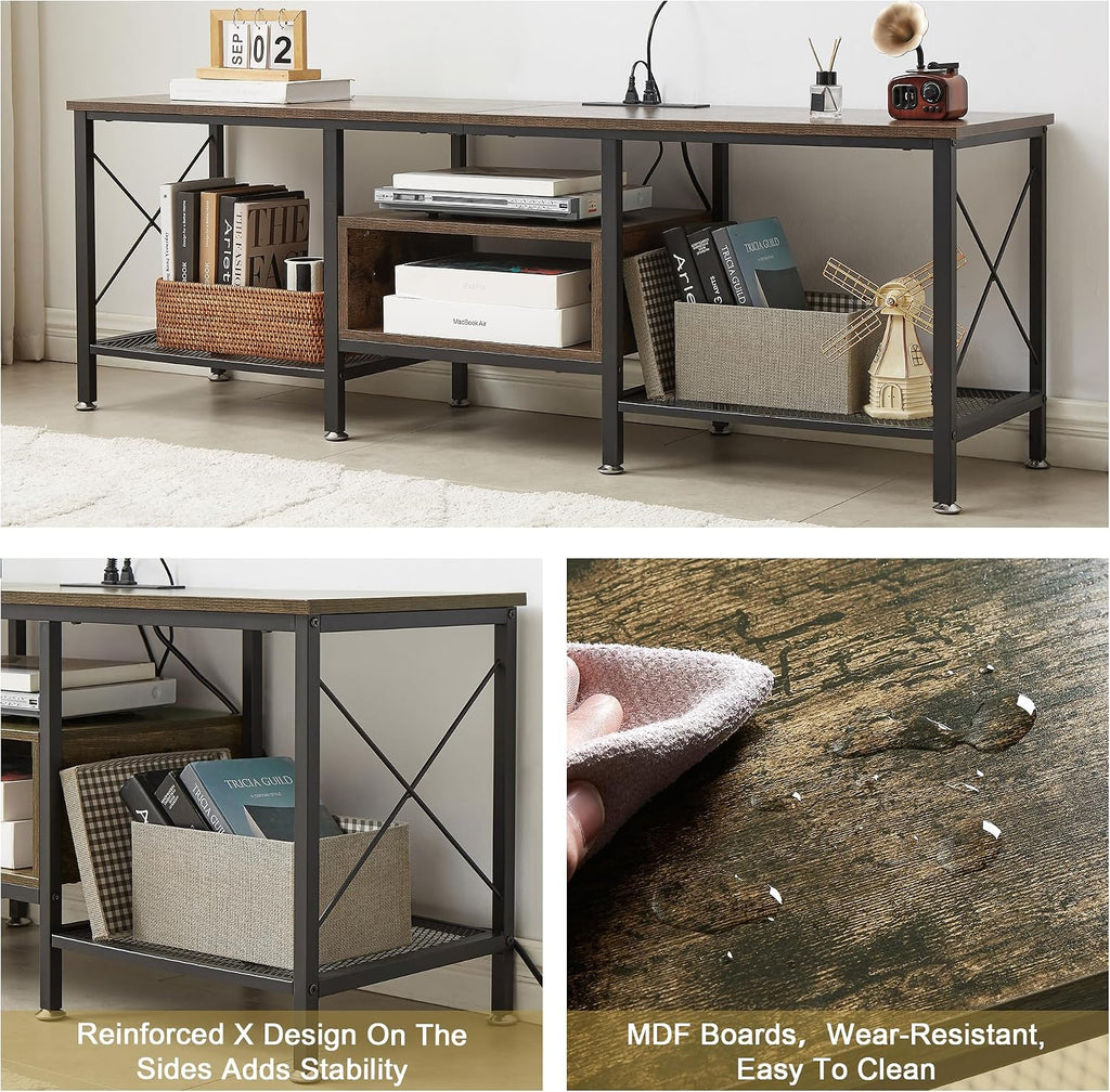 VECELO TV Stand with Power Outlets for 70 Inch Industria Media Entertainment Center with Charging Station, 3-Tier Open Shelves & Metal Frame for Living Room, Bedroom, 63 Inch, Brown
