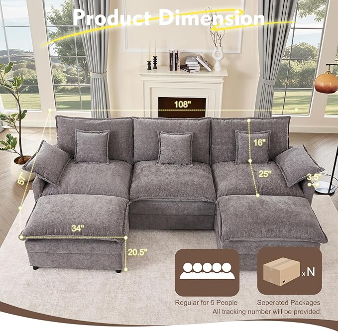 108" U Shaped Couch, Modular Sectional Sofa, 3-Seater Comfy Cloud Couch, Set of Modular Pieces with Movable Ottoman, Deep Seat Couches for Living Room, Chenille, Slate