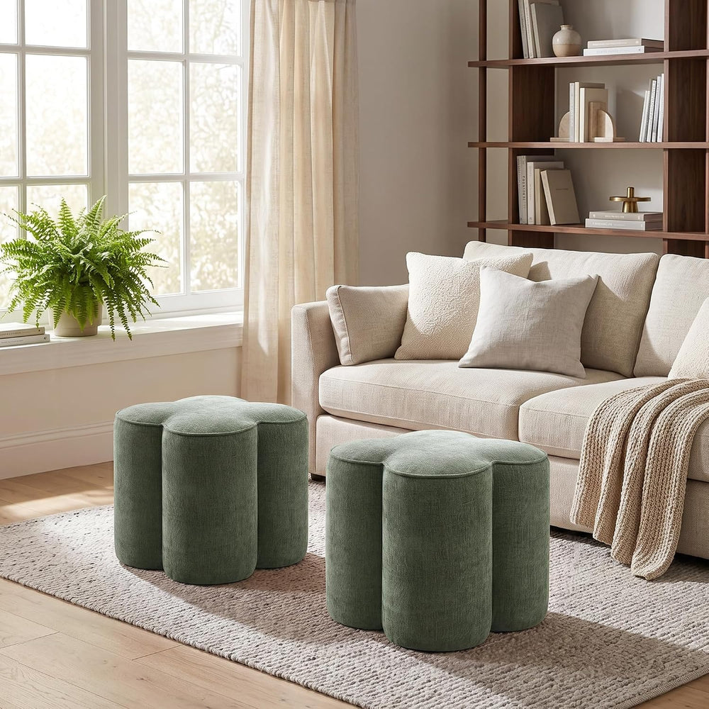 Green Linen Ottoman Set of 2, Small Vanity Stool, Modern Footstool | Multi-Fu...