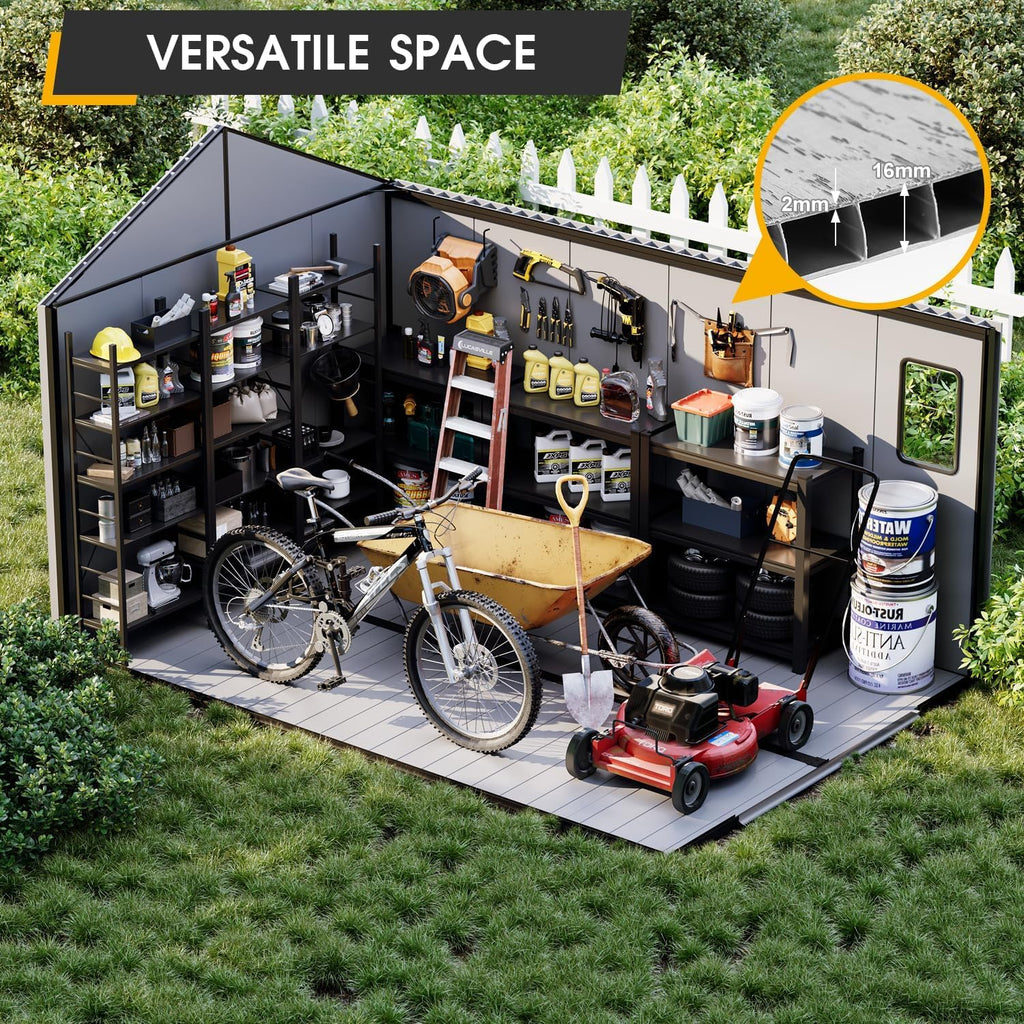 8 x 12 FT Resin Outdoor Storage Shed, All-Weather Plastic Garden Shed with Floor, Lockable Doors & Windows, Plastic Tool Shed for Poolside, Backyard, Patio