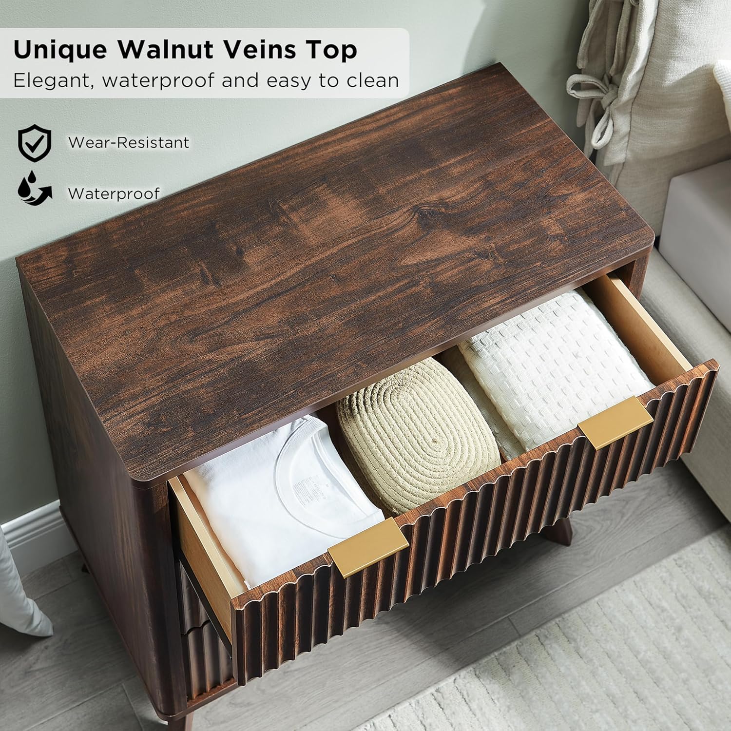 T4TREAM Fluted 3 Drawers Nightstand Set of 2, Oversized Extra Large Modern Side Table, End Table Bedside for Bedroom, Living Room, Curved Profile Design, Dark Walnut