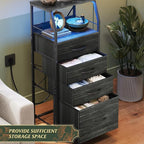 WLIVE Night Stand Set of 2 with Charging Station, Nightstand with LED Light and 4 Storage Fabric Drawers, Tall Dressers for Bedroom, Bedside Tables, Wood Shelf, Metal Frame, Black and Wood Grain Print