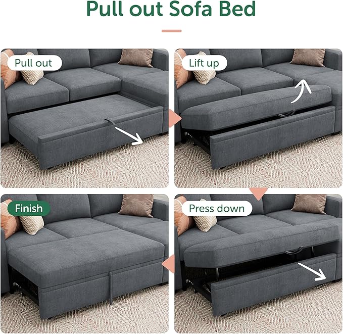 HONBAY Modular Sectional Sleeper Sofa with Pull Out Bed, L Shaped Sofa with Storage, Modular Sectional Couches for Living Room, Bluish Grey