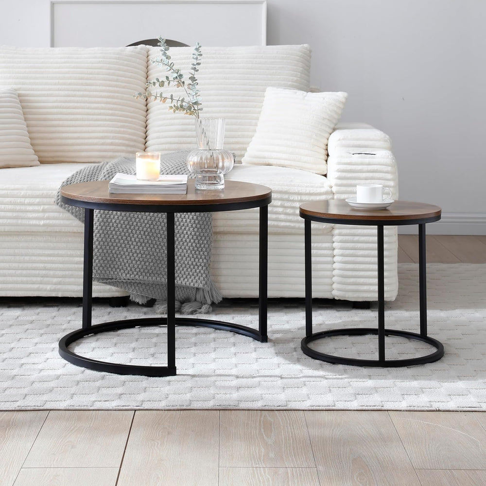 Nesting Coffee Table, Round Coffee Tables with Walnut Top and Black Metal Fra...