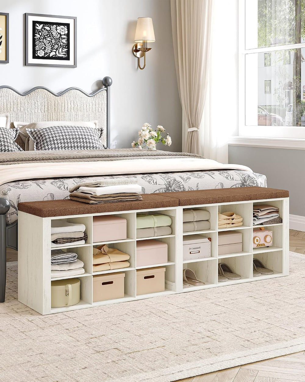 Hzuaneri Shoe Storage Bench with Cushion, Entryway Storage Bench with 18 Cubb...
