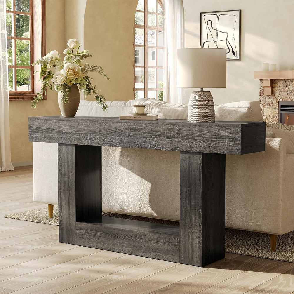 LITTLE TREE 63 Inches Long Console Table, 2-Tier Farmhouse Sofa Table Behind ...