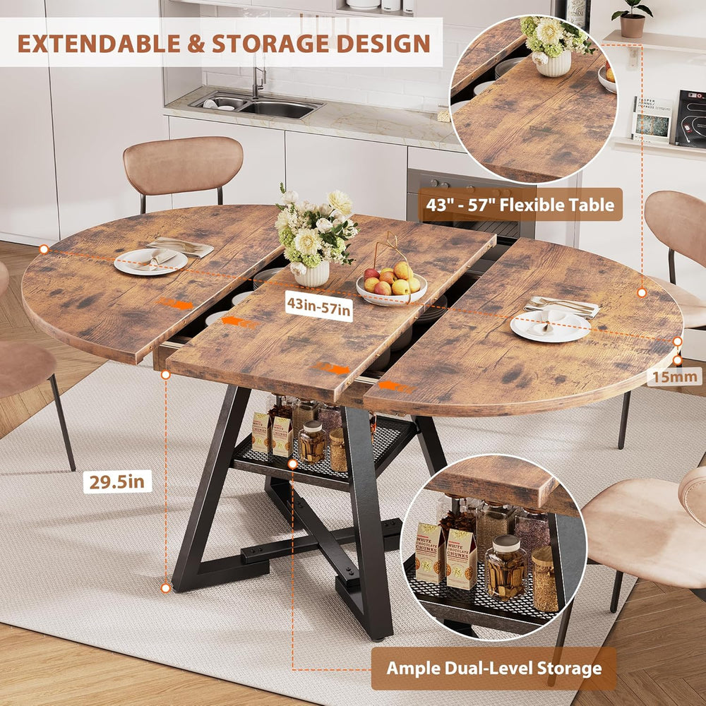 43‘’-57‘’ Extendable Round Dining Table for 4-6, Modern Industrial Kitchen Ov...