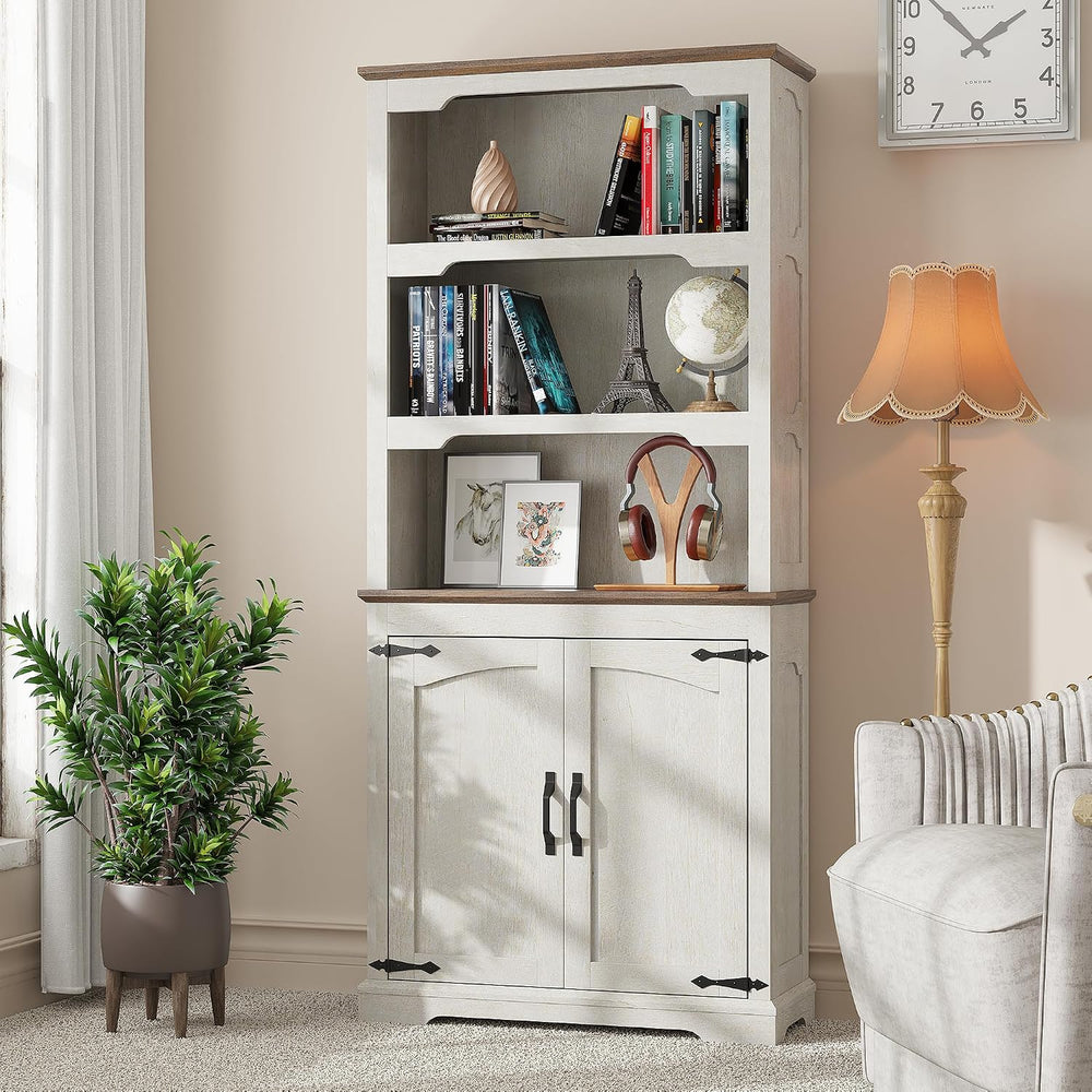 70” White Bookcase Bookshelf, 5-Tier Farmhouse Bookcases with Doors