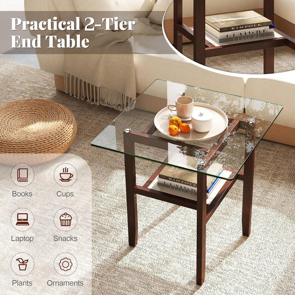 Tangkula 24" Square Glass Side Table, 2-Tier End Table with Storage Shel...