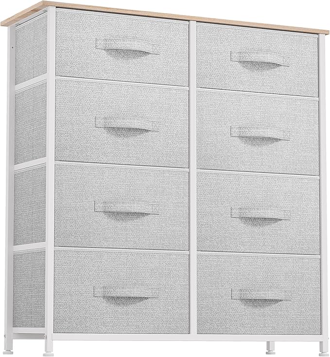 DWVO Fabric Dresser for Bedroom, Tall Dresser with 8 Drawers, Storage Tower with Fabric Bins, Chest of Drawers for Closet & Living Room - Sturdy Steel Frame, Wooden Top