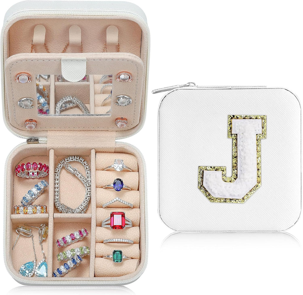 Parima Christmas Stocking Stuffers Gifts for Grandkids Teenage Girls - Travel Jewelry Case for Women Girls, Sisters Gifts from Brother| Birthday Gifts for Soul Friends - Letter J, White