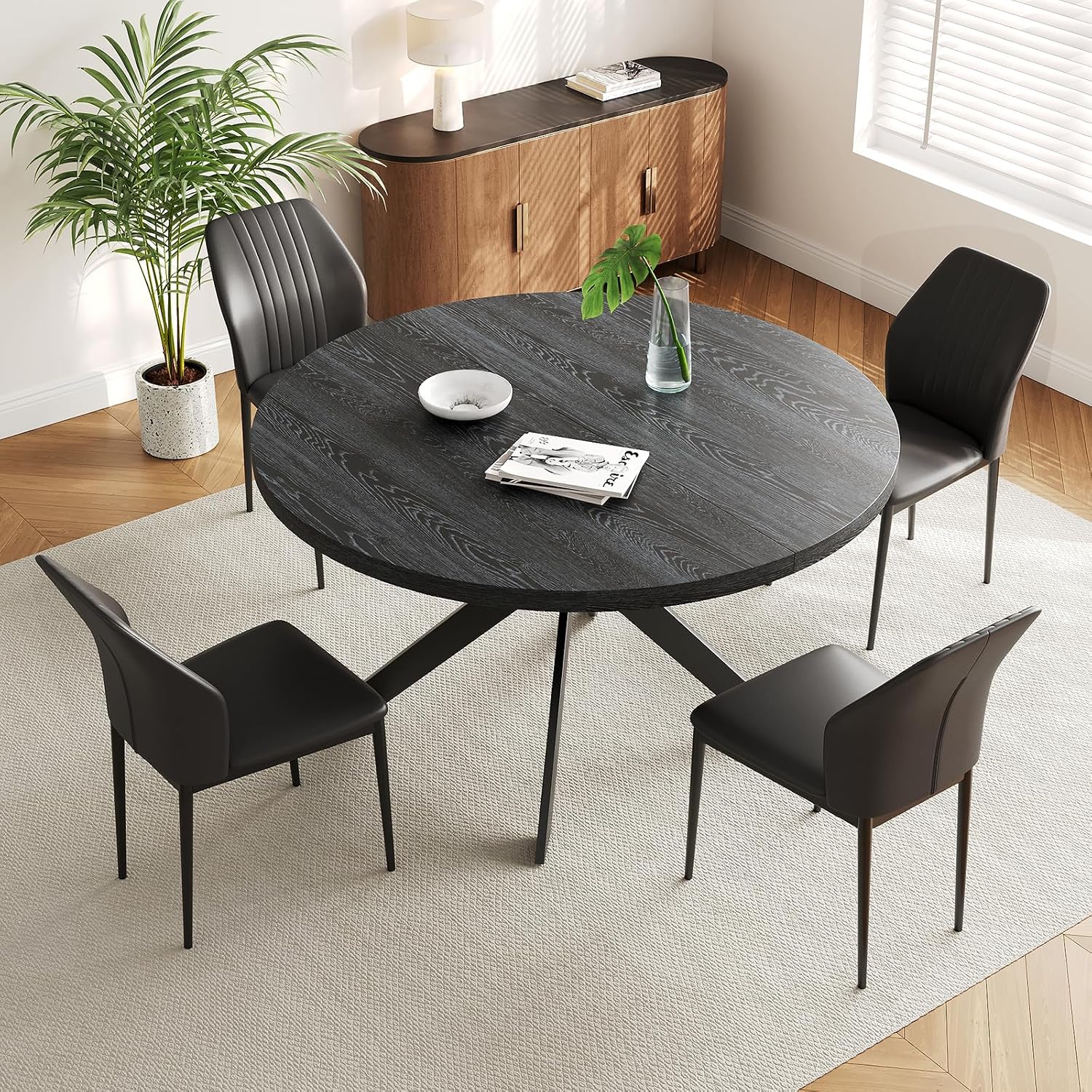 Zerifevni 45.3" Round Dining Table Set for 4, Wooden Round Dining Table with Chairs for 4-6 Person, w/Metal Legs, Coffee Table for Kitchen Dining Room, Living Room, Office