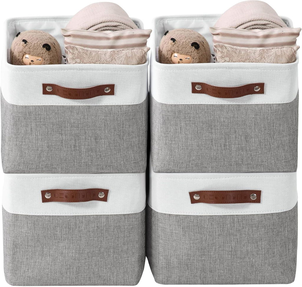 DECOMOMO Storage Baskets for Shelves - Fabric Storage Bins, Linen Closet Organizers and Storage (Grey & White, Large - 4 Pack)