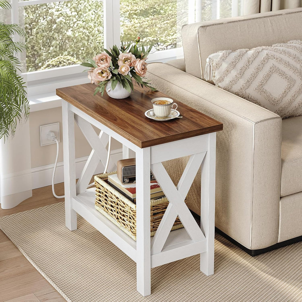 HOOBRO End Table with Charging Station, Farmhouse Narrow Side Table, 2-Tier w...