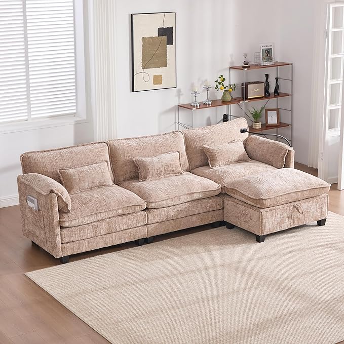 Ball & Cast Modular Sectional Sofa,L Shaped Couch with Movable Storage Ottoman,Chenille Upholstered Sofa W/USB Charging Port,Phone Holder and Side Pocket,for Living Room,Apartment,Khaki,109"