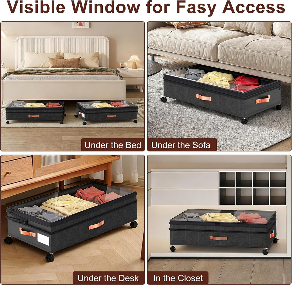 XXL Under Bed Storage with Wheels, 2 Pack 70L Extra Large Rolling Organizer, Heavy-Duty Foldable Storage Container with Lids, Fits 10" Clearance, Black