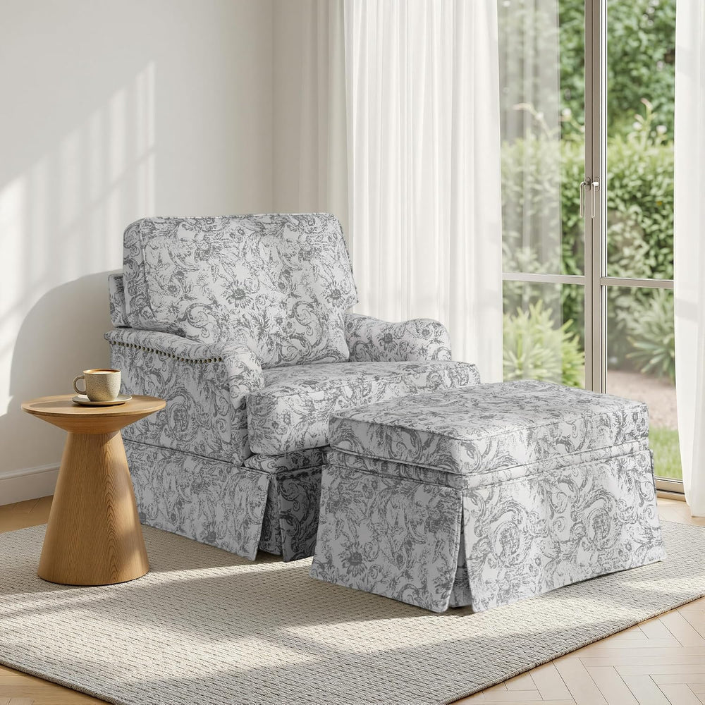 Swivel Accent Chairs with Ottoman, Set of 2, Rococo Light Gray