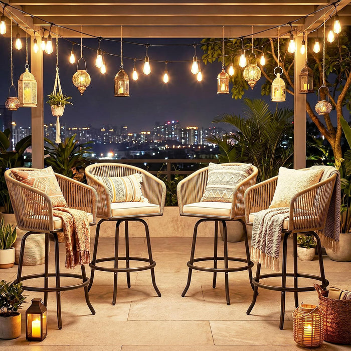 YITAHOME 27" Bar Stools Set of 4 with Arms & Cushions, 360° Swivel Outdoor Bar Stools, All Weather Counter Height Bar Stools Set of 4 with Curved Back for Backyard, Kitchen Island, Dining Room, Beige