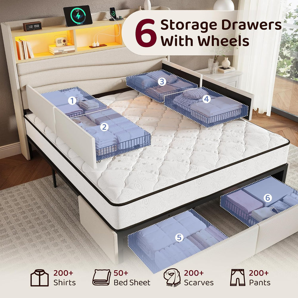 BRELTAM Queen Size Bed Frame with 6 Storage Drawers, Linen Upholstered Platfo...