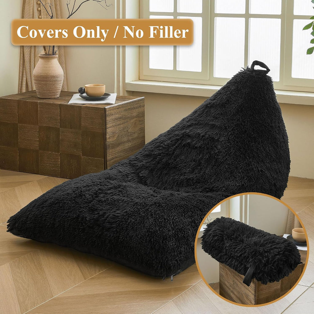 XeGe Fluffy Kids Stuffed Animal Storage Bean Bag Cover (No Filler), Plush Fuzzy Faux Fur Beanbag Organizer with Handle for Teens Girls Adults, Shaggy Furry Plush Toys Holder Floor Lounger Chair, Black
