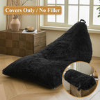 XeGe Fluffy Kids Stuffed Animal Storage Bean Bag Cover (No Filler), Plush Fuzzy Faux Fur Beanbag Organizer with Handle for Teens Girls Adults, Shaggy Furry Plush Toys Holder Floor Lounger Chair, Black
