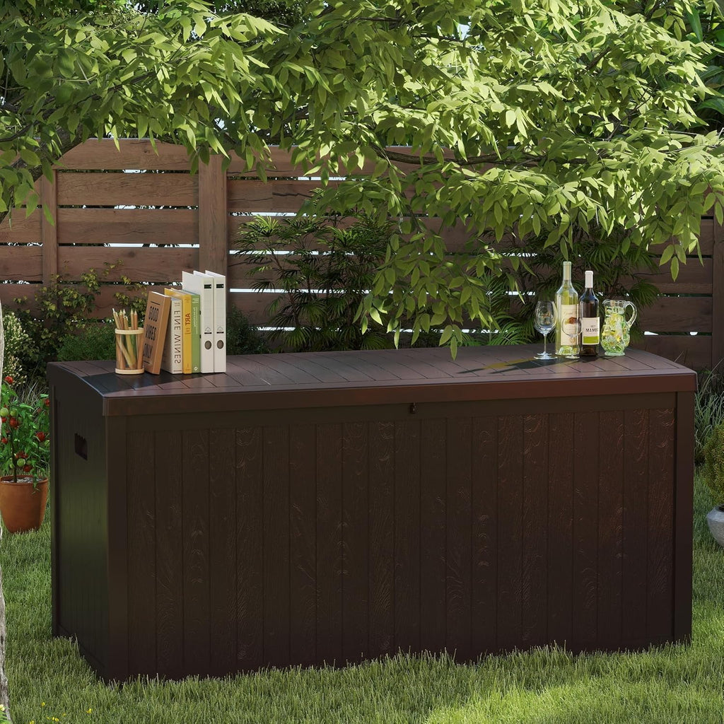 ZYJOYY Outdoor Storage Box, 120 Gallon Deck Box Indoor and Outdoor Use, Waterproof Resin Storage Bin for Patio Cushions, Gardening Tools, Lockable, UV Resistant, Brown